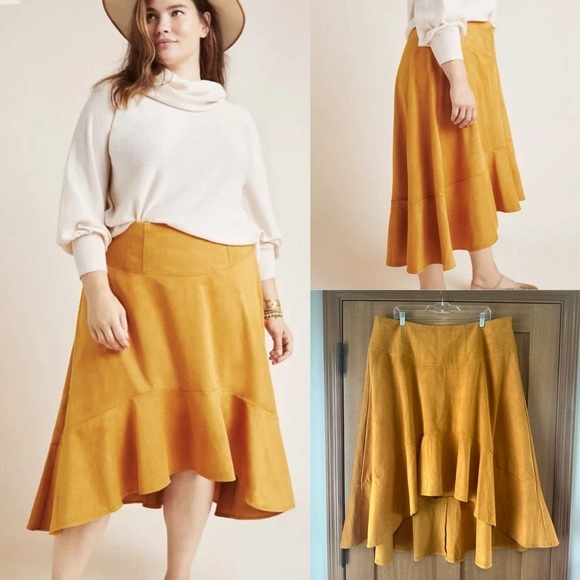 Anthropologie Dresses & Skirts - Maeve Anthropologie Cosima Flounced Hi-Low Suede Midi Skirt Mustard size 16W​​